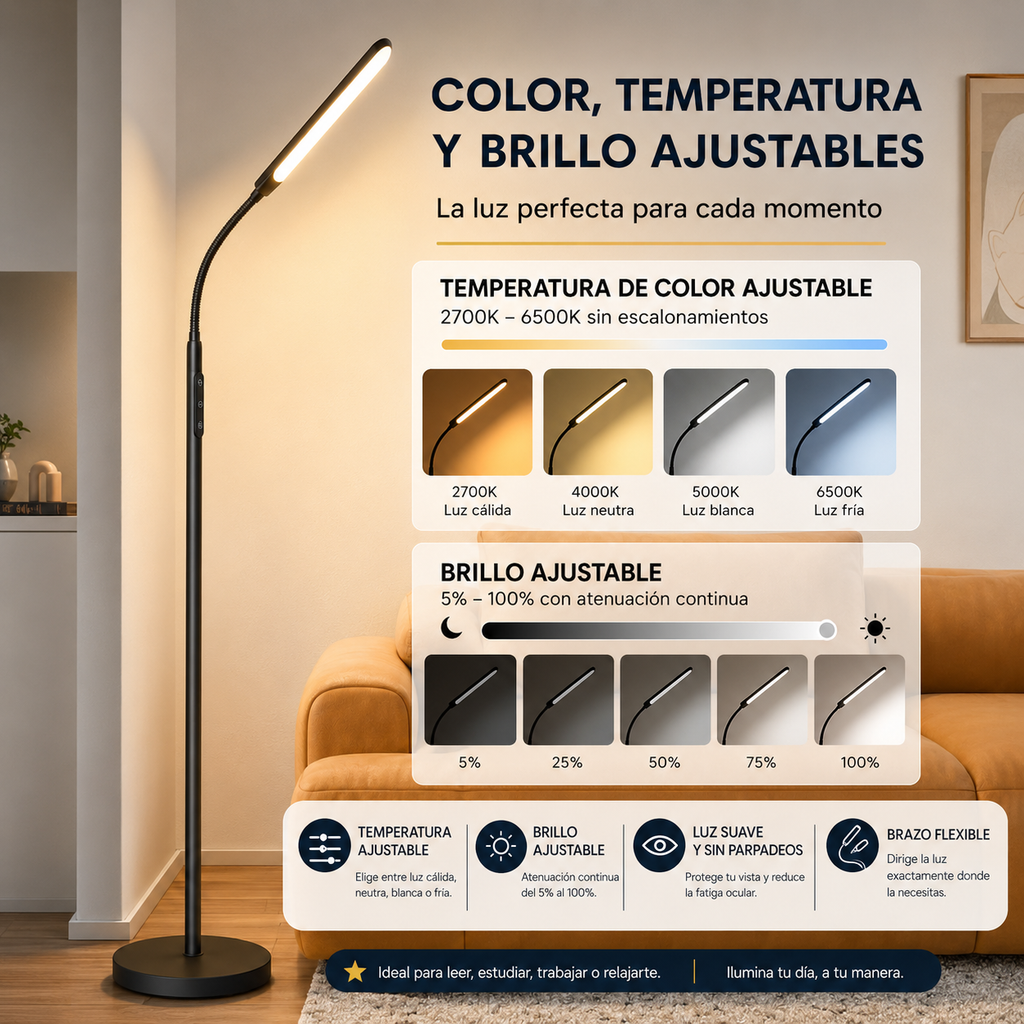 Lámpara de pie LED regulable con mando para salón y dormitorio