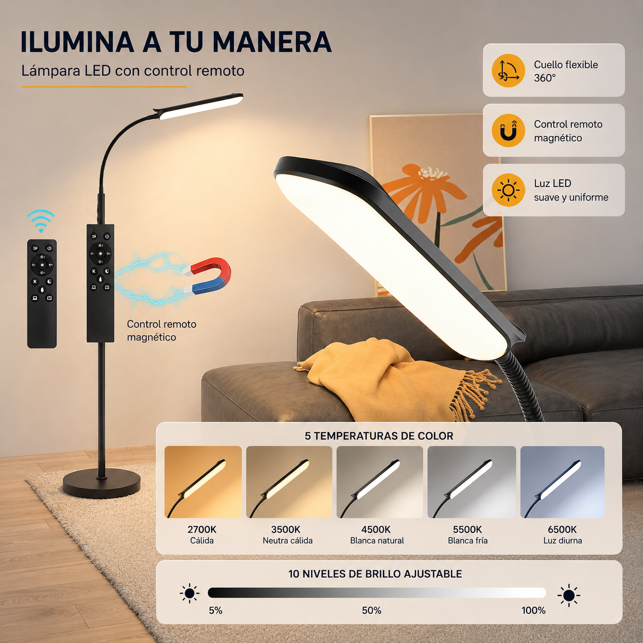 Lámpara de pie LED regulable con mando para salón y dormitorio