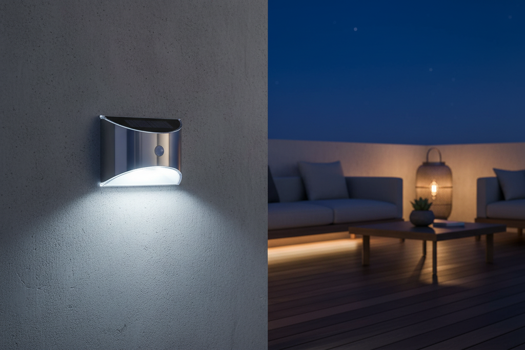 Aplique solar en terraza moderna de noche