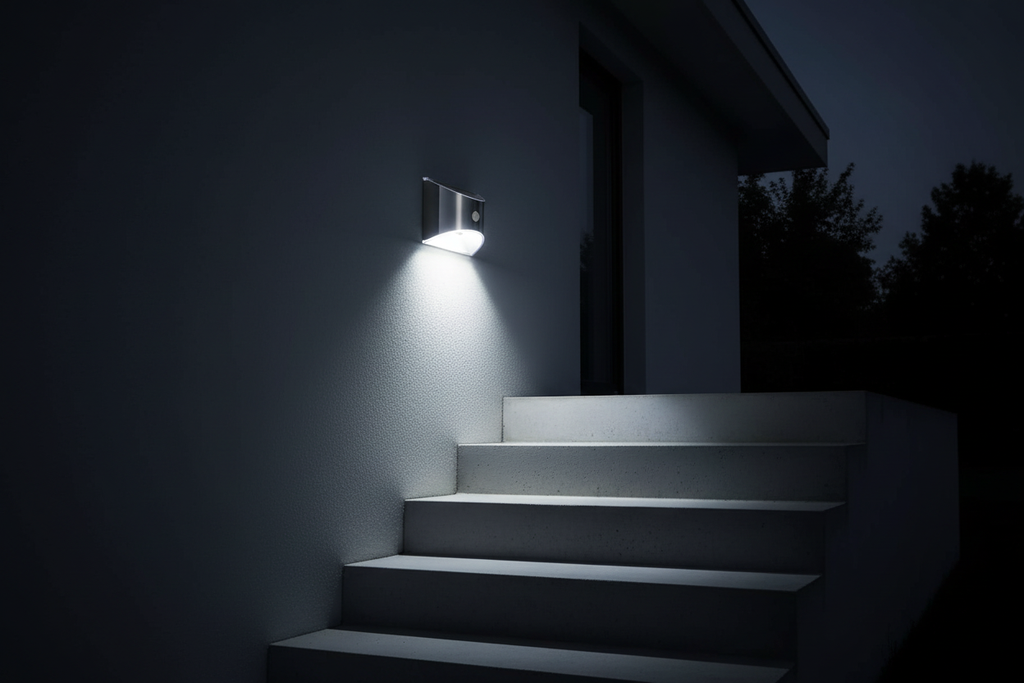 Aplique solar en escaleras exteriores de noche