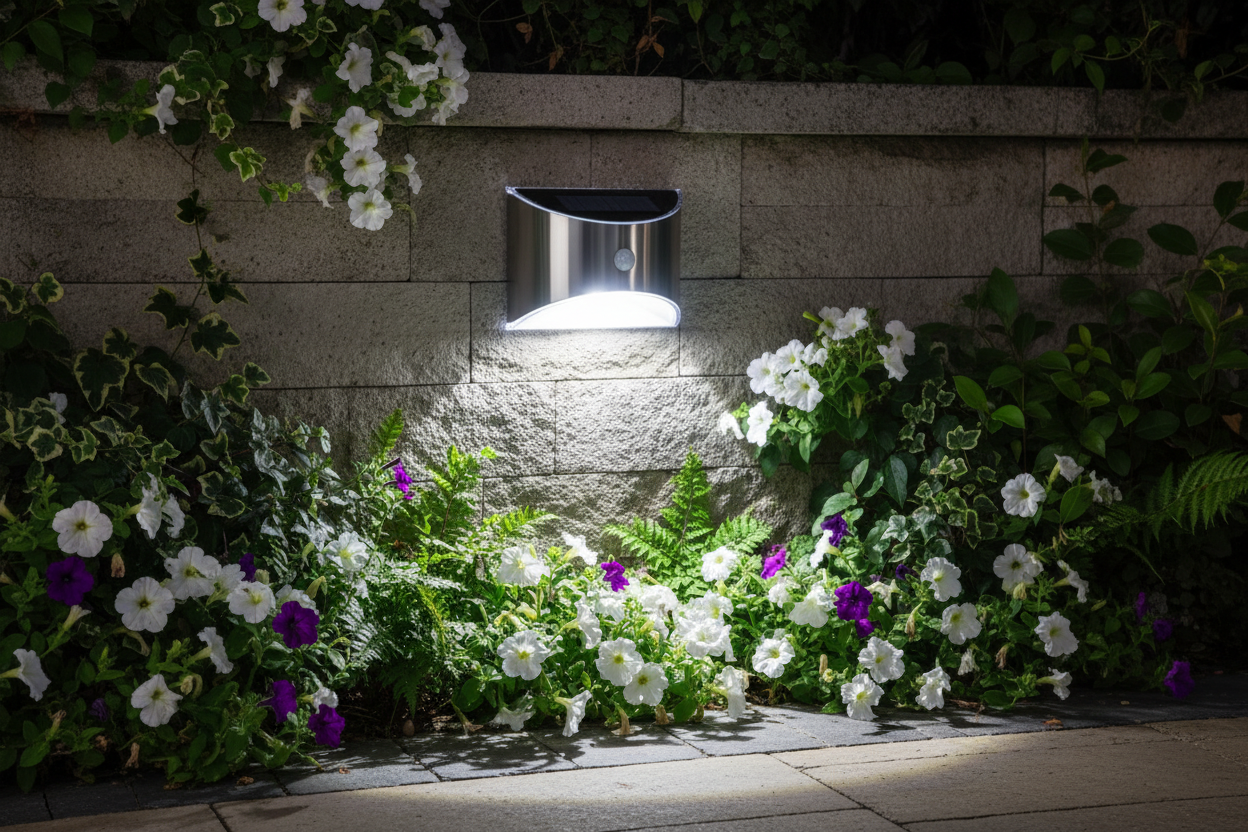 Aplique solar en jardín con plantas
