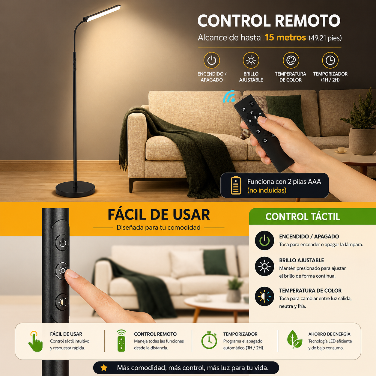 Lámpara de pie LED regulable con mando para salón y dormitorio