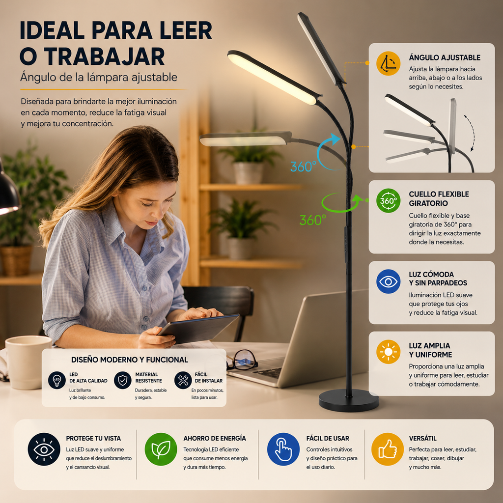 Lámpara de pie LED regulable con mando para salón y dormitorio