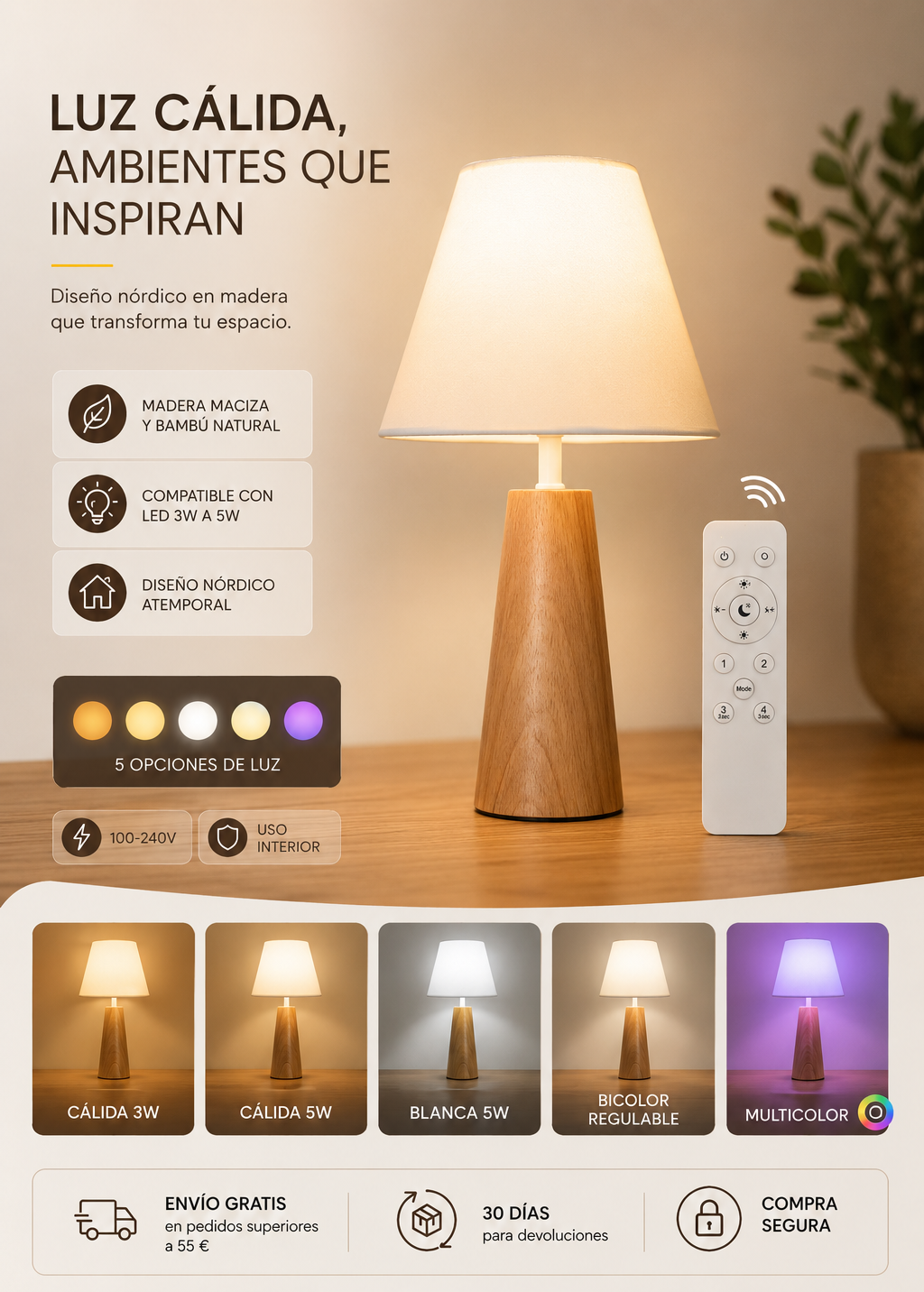 Lámpara de Mesa Nórdica de Madera y Bambú